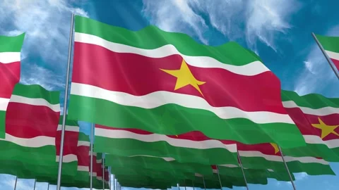 Multiple Suriname flags seamless looping waving on blue sky Stock Footage 343684914