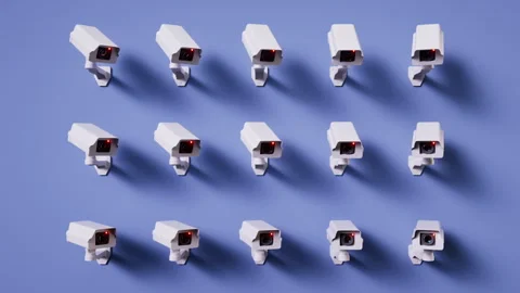 Multiple surveillance cameras synchronously turn same direction and record. Stock Footage 284373825