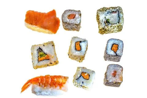 Multiple sushi rolls on white background . Set of asian food Stock Photos