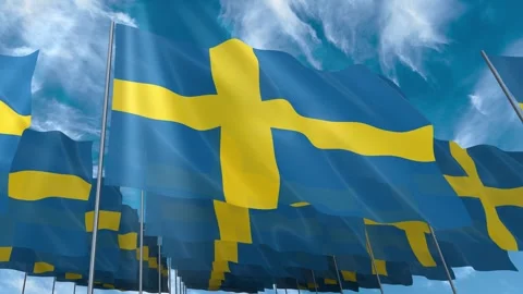 Multiple Sweden flags seamless looping waving on blue sky Stock Footage 343684909
