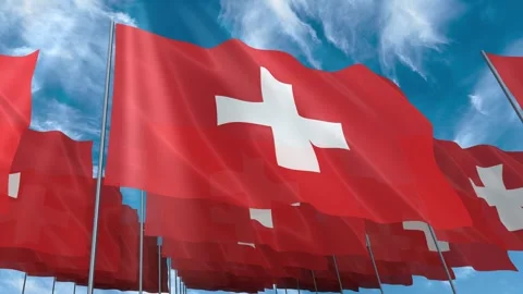 Multiple Switzerland flags seamless looping waving on blue sky Stock Footage 343684945