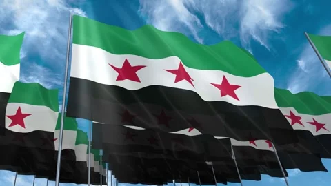 Multiple Syria flags seamless looping waving on blue sky Stock Footage 343684942