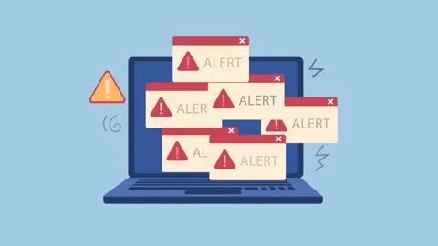 Multiple System Alerts pop ups on Computer Screen 2d Animation with Alpha Matte Stock Footage 335608000