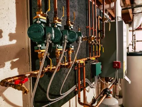 Multiple Taco 007 circulator pumps on a very neat copper piping system Stock Photos