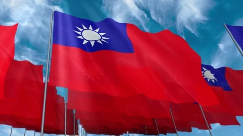 Multiple Taiwan flags seamless looping waving on blue sky Stock Footage 343684984