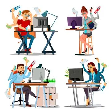 Multiple Tasks Business Concept Vector. Set Person. Many Hands Doing Tasks イラスト素材