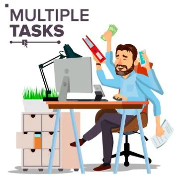 Multiple Tasks Businessman Vector. Many Hands. Efficiency And Productivity イラスト素材