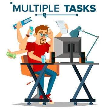 Multiple Tasks Businessman Vector. Many Hands Doing Tasks Simultaneously Stock Illustration