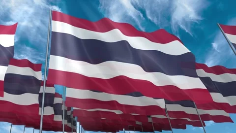 Multiple Thailand flags seamless looping waving on blue sky Stock Footage 343685070
