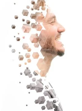 Multiple three dimensional cubes combined with a portrait of a young man Stock Photos