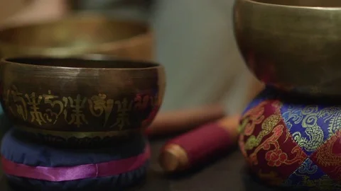 Multiple Tibetan Singing Bowls Stock-Footage 74905068