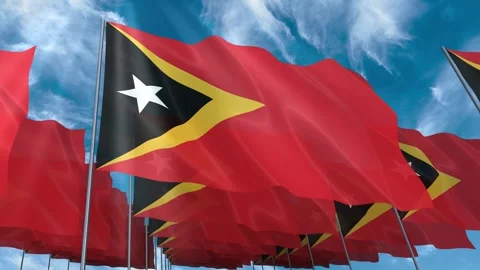 Multiple Timor Leste flags seamless looping waving on blue sky Stock Footage 343685062