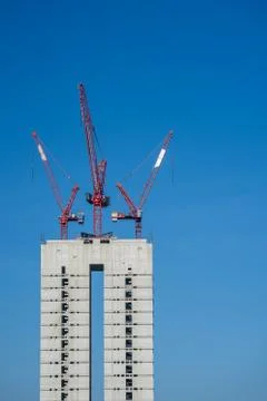 Multiple tower cranes above a concrete structure. Stock Photos