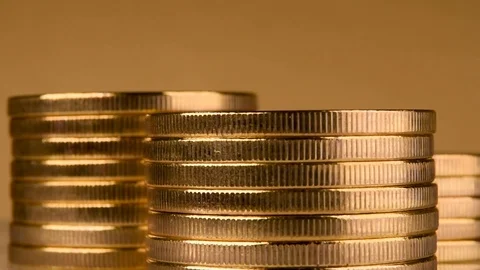 Multiple towers of gold coins. Stock Footage 92786791