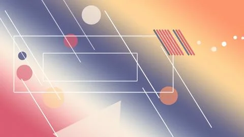 Multiple translucent frames and colorful dots float on a dusk-like gradient.. Illustrazione stock