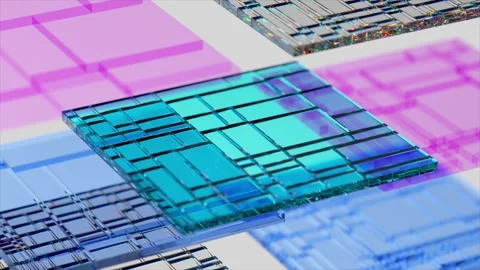 Multiple transparent semiconductor cpu chips in blue, light blue and purple are Stock Footage 311505548