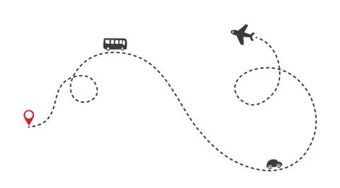 Multiple transportation ways on the route. Airplane flight path with dash line a Stockillustratie