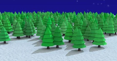 Multiple trees icons on winter landscape over snowflakes falling against blue Stock Photos