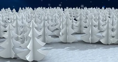 Multiple trees on winter landscape over snowflakes falling against blue Ilustração Stock