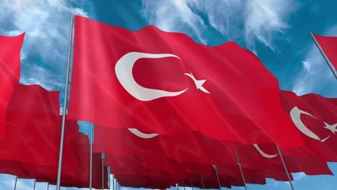 Multiple Turkey flags seamless looping waving on blue sky Stock Footage 343685186
