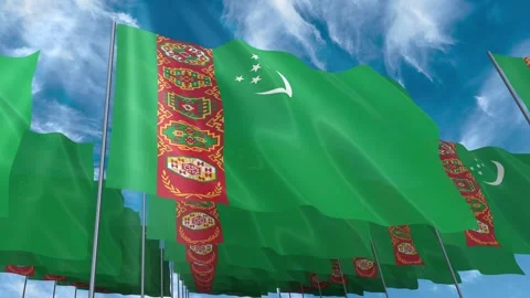 Multiple Turkmenistan flags seamless looping waving on blue sky Stock Footage 343685263