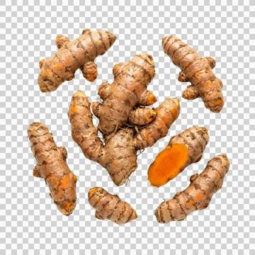Multiple turmeric roots whole and cut, displaying vibrant orange color. Фото