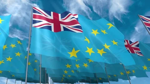 Multiple Tuvalu flags seamless looping waving on blue sky Stock Footage 343685287