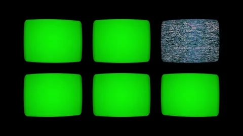Multiple TV screens with chroma key and interference. Security Camera Monitors. Stock Footage 313160195