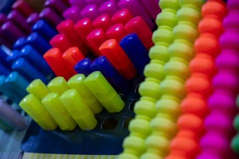 Multiple types of colored ink used as highlighter and kids coloring pens wi.. Stock Photos