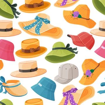Multiple types of colorful hats with different designs, including wide-brimme Stock Illustration