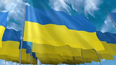 Multiple Ukraine flags seamless looping waving on blue sky Stock Footage 343685325