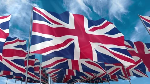 Multiple United Kingdom flags seamless looping waving on blue sky Stock Footage 343685446