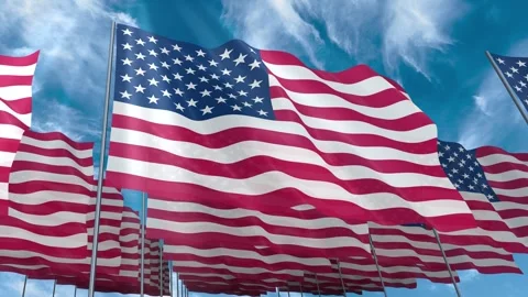 Multiple United States of America flags seamless looping waving on blue sky Stock Footage 343685486
