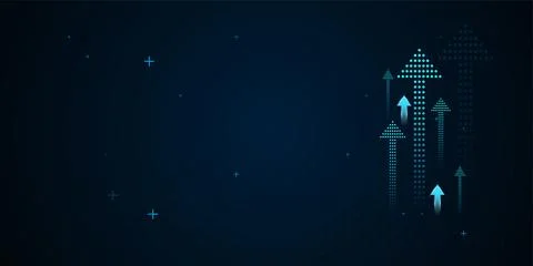 The multiple upward-pointing arrows composed of glowing blue dots, symboliz.. Stock Illustration