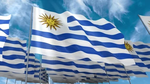 Multiple Uruguay flags seamless looping waving on blue sky Stock Footage 343685555