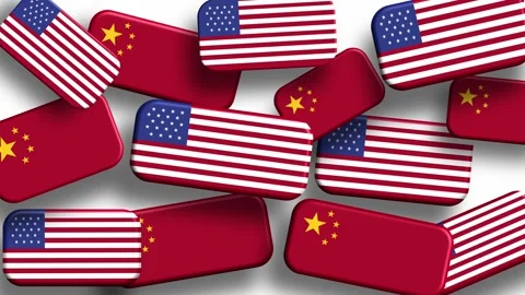 Multiple USA and China flags arranged in scattered layout 스톡 동영상 321865661