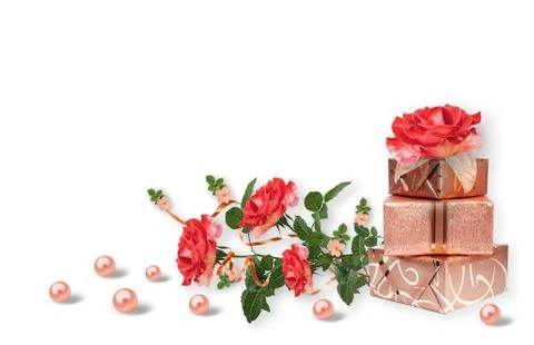 (Multiple values)Holiday card with gift boxes, pearls and bouquet of beautifu Stock Photos