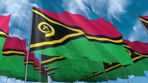 Multiple Vanuatu flags seamless looping waving on blue sky Stock Footage 343685616
