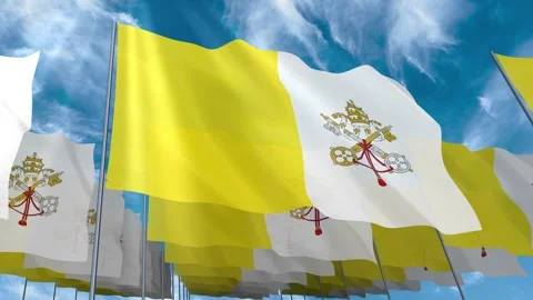 Multiple Vatican City flags seamless looping waving on blue sky Stock Footage 343685658