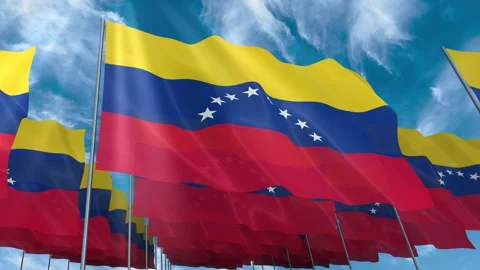 Multiple Venezuela flags seamless looping waving on blue sky Stock Footage 343685671