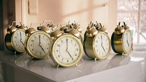 Multiple vintage alarm clocks ringing, wake up call, time pressure, deadline Stock Footage 163297413