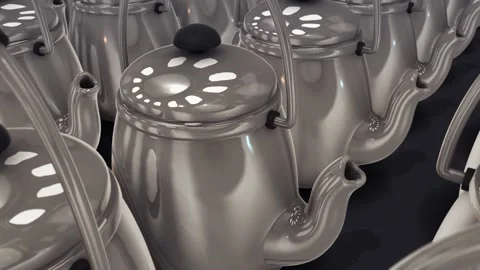 Multiple Vintage large aluminum tea pot kettle stove top in a row 4k Stock Footage 148490155