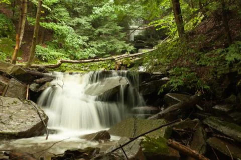 Multiple waterfalls in forest 스톡 사진
