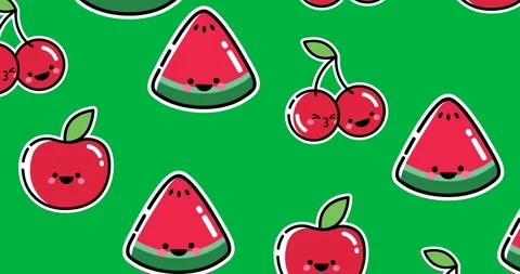 Multiple watermelon, cherries and watermelon icons moving in seamless pattern on Stock Footage 327009055