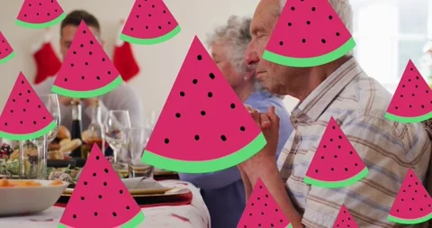 Multiple watermelon slice icons against black background Stock Footage 329291904