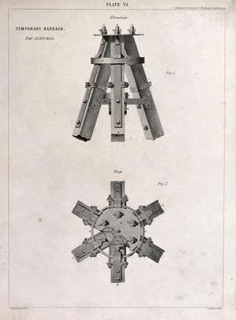 A multiple-way joint of timber and iron for barrack building. Engraving by .. Ilustración de archivo