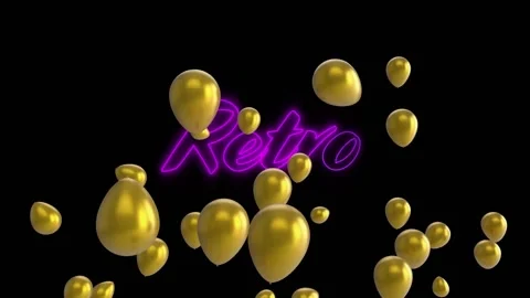 Multiple white balloons floating over neon purple retro text signboard against Stock Footage 158415814