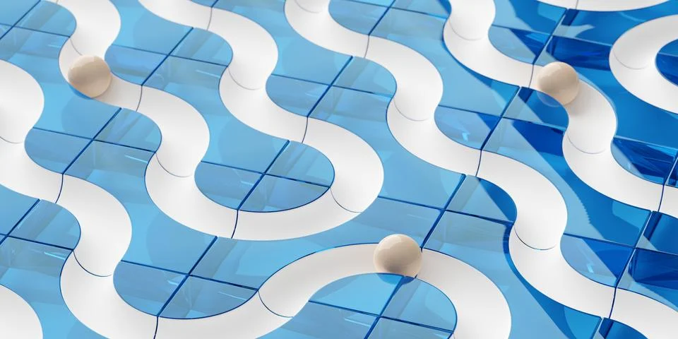 Multiple white balls or spheres in white and blue curvy maze or labyrinth, .. Stock Illustration