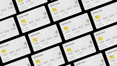 Multiple white bank cards with a chip moving animation from top view Video stock 227680385