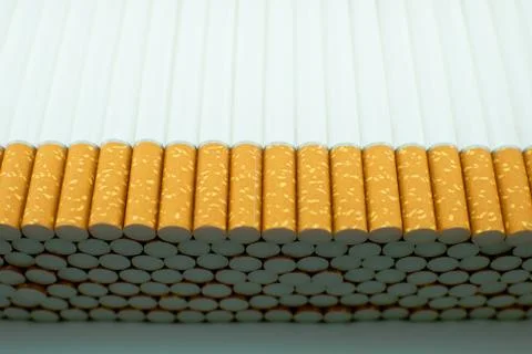 Multiple white cigarettes (tubes) with yellow filters in a row. Isolated Stock Photos